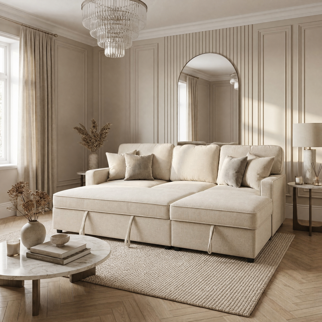 Light textured upholstery on a chaise sofa